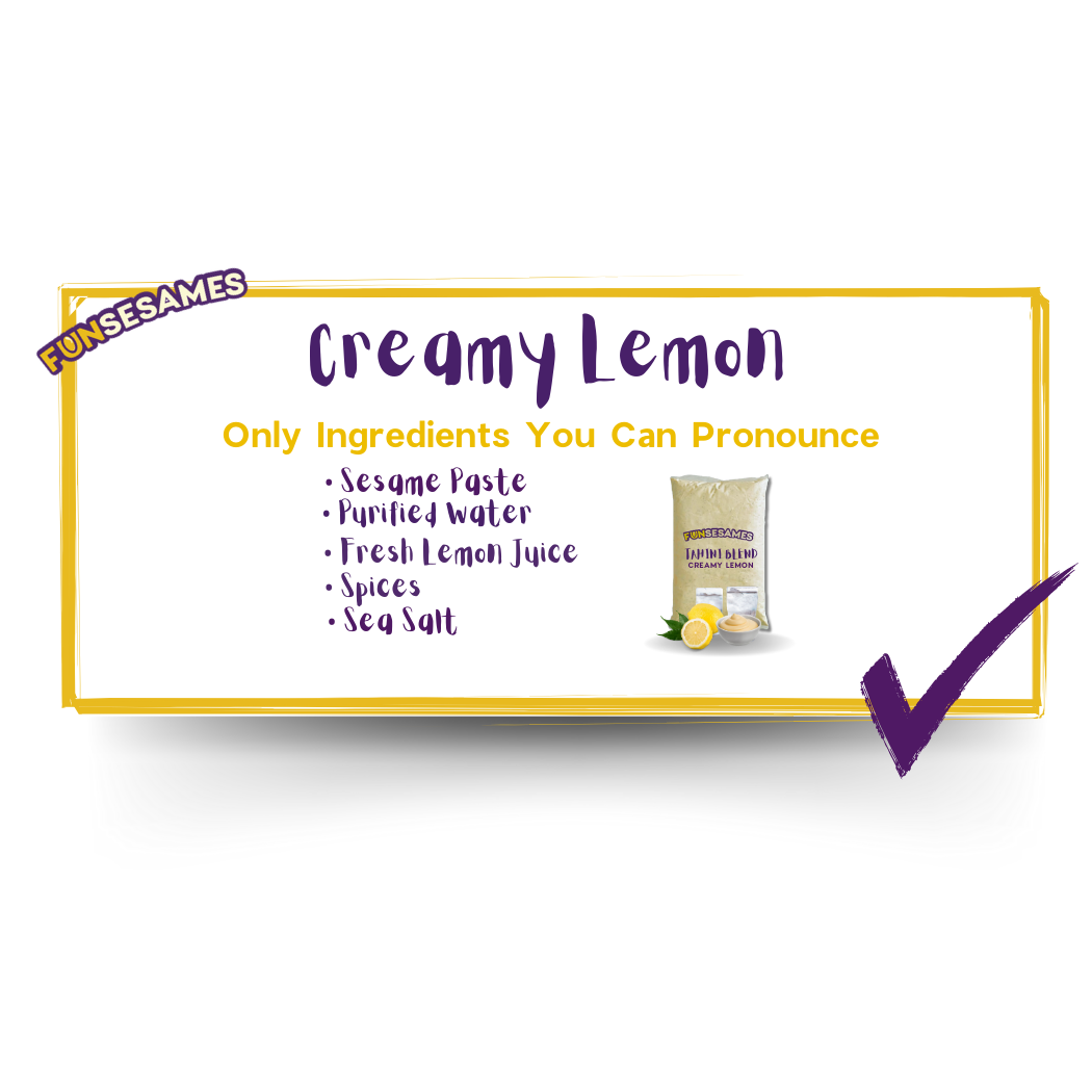 Savor the exquisite blend of sesame paste, purified water, fresh lemon juice, spices, and sea salt in our FUN Sesames Tahini Blend Creamy Lemon.