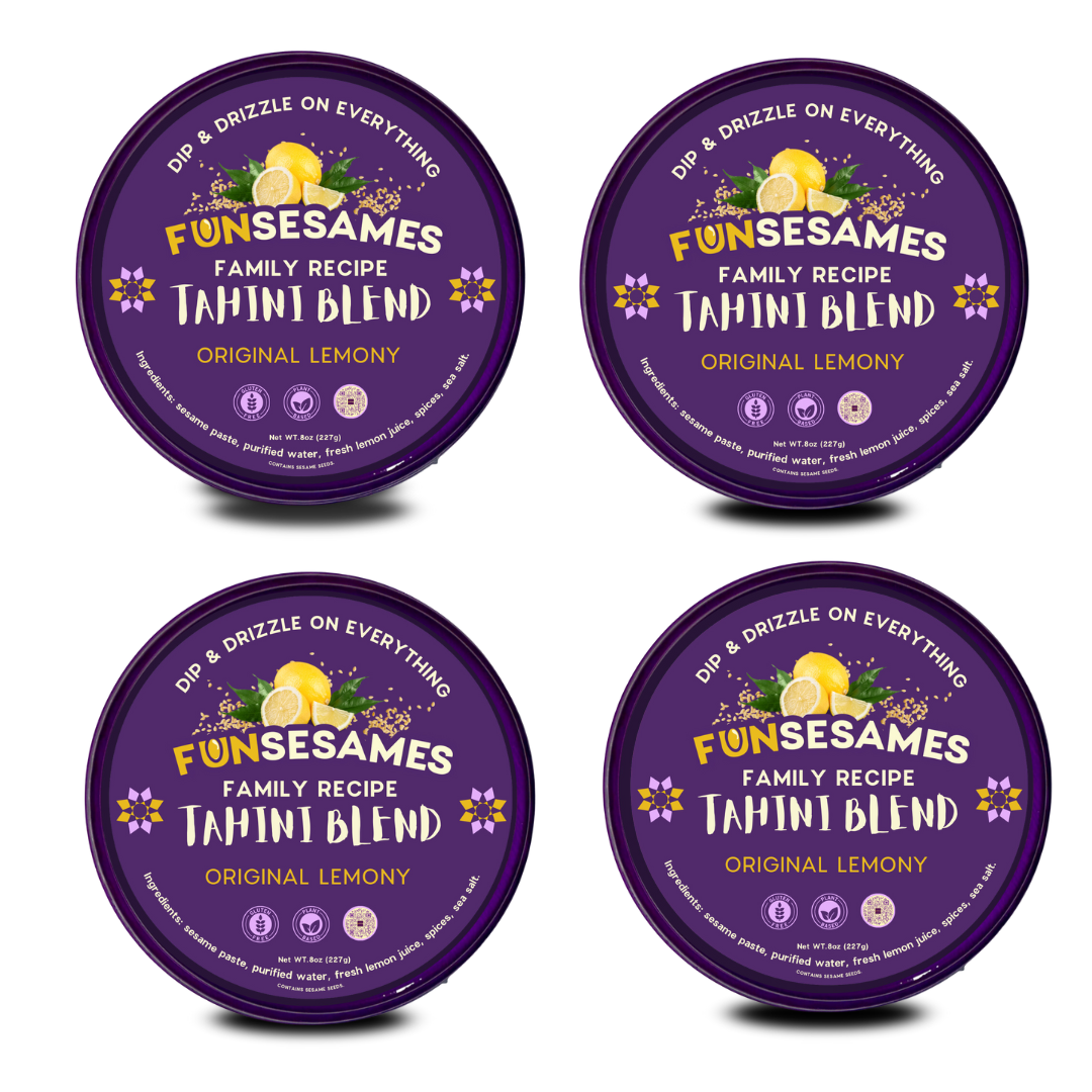 FUN Sesames Tahini Blends | Experience pure indulgence with FUN Sesames Tahini Blend Original Flavor, now available in a set of four tubs. Elevate your culinary creations with the creamy richness of our signature blend. Unleash the extraordinary with FUN Sesames – where quality and quantity meet in perfect harmony.
