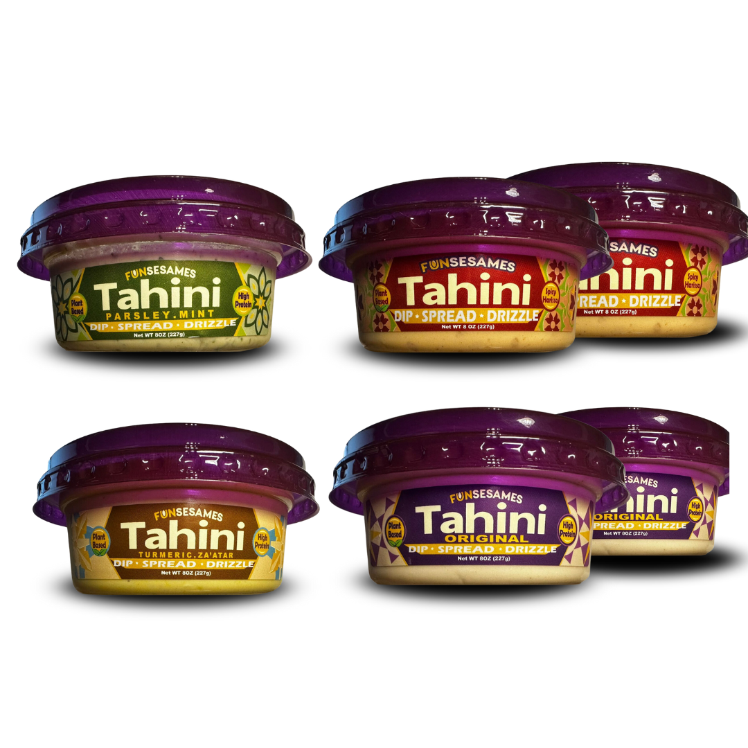 Explore a symphony of flavors with FUN Sesames Tahini Blend! Our image showcases four unique and delightful blends, each crafted to perfection. Elevate your culinary creations with the versatility and excellence of FUN Sesames Tahini Blend. Unleash a world of taste possibilities in every jar. Discover the art of flavor with FUN Sesames.